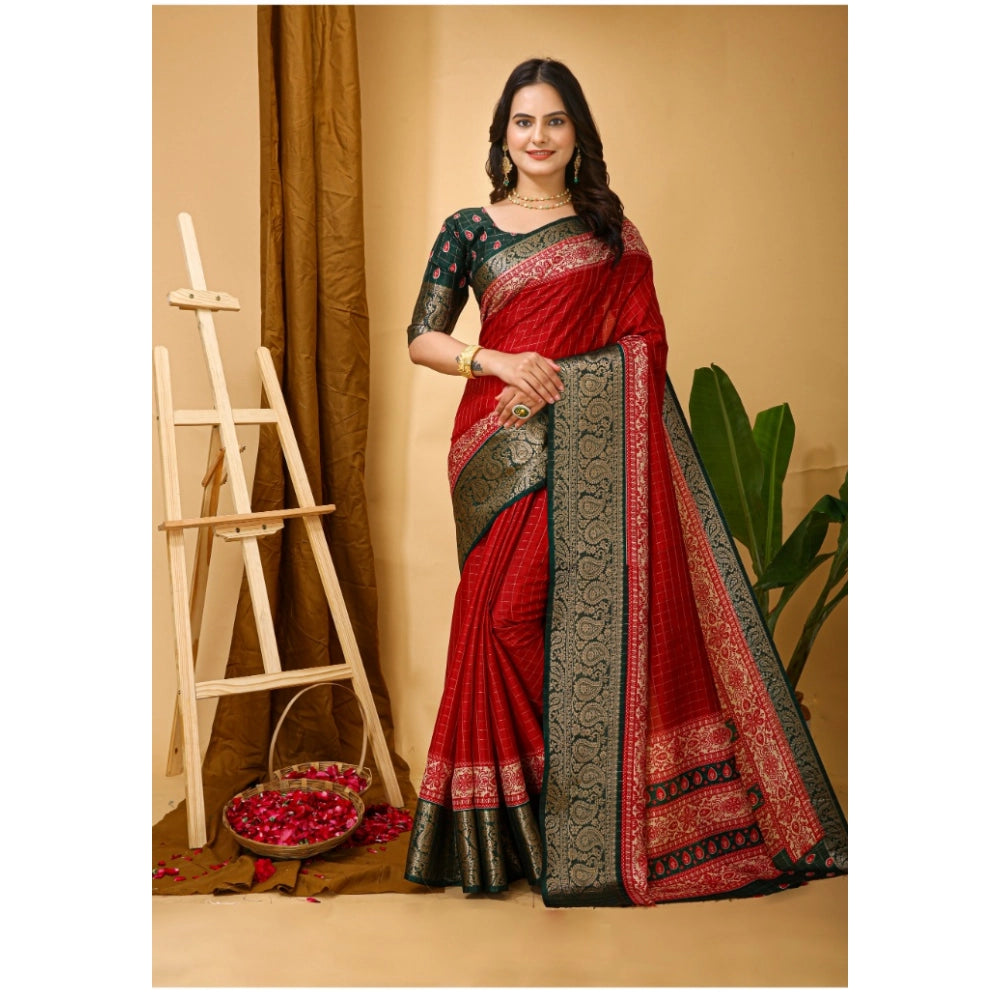 Generic Women's Soft Dola Cotton Kalamkari Printed Saree With Unstitched Blouse 5.5Mtr (Red) Main image
