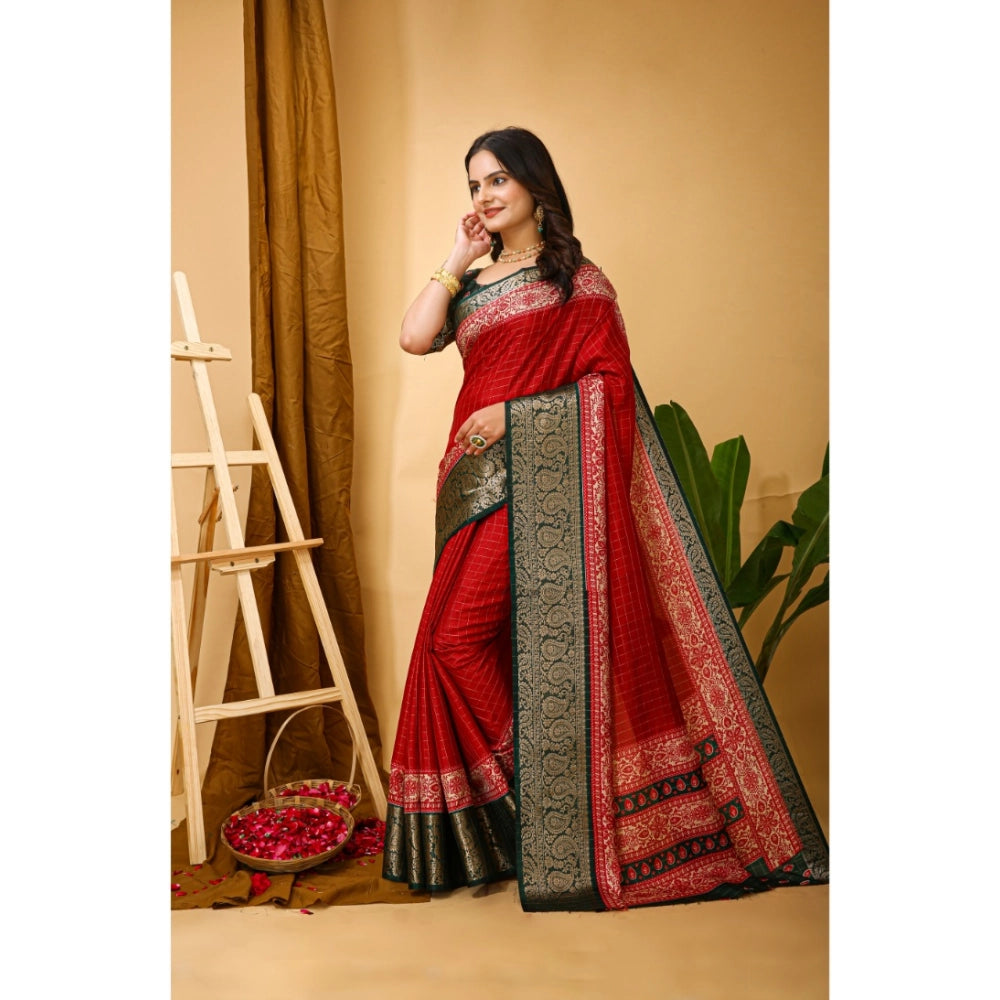 Generic Women's Soft Dola Cotton Kalamkari Printed Saree With Unstitched Blouse 5.5Mtr (Red) Secondary image