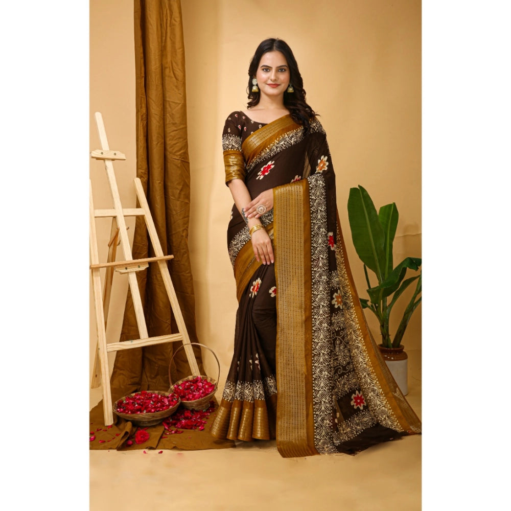 Generic Women's Soft Blooming Marshmallow Fabric Kalamkari Printed Saree With Unstitched Blouse 5.5Mtr (Brown) Main image