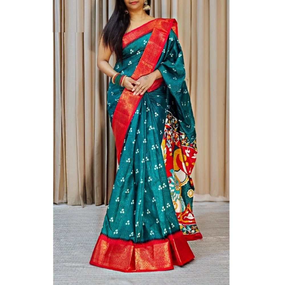 Generic Women's Soft Dola Cotton Kalamkari Printed Saree With Unstitched Blouse 5.5Mtr (Blue) Main image