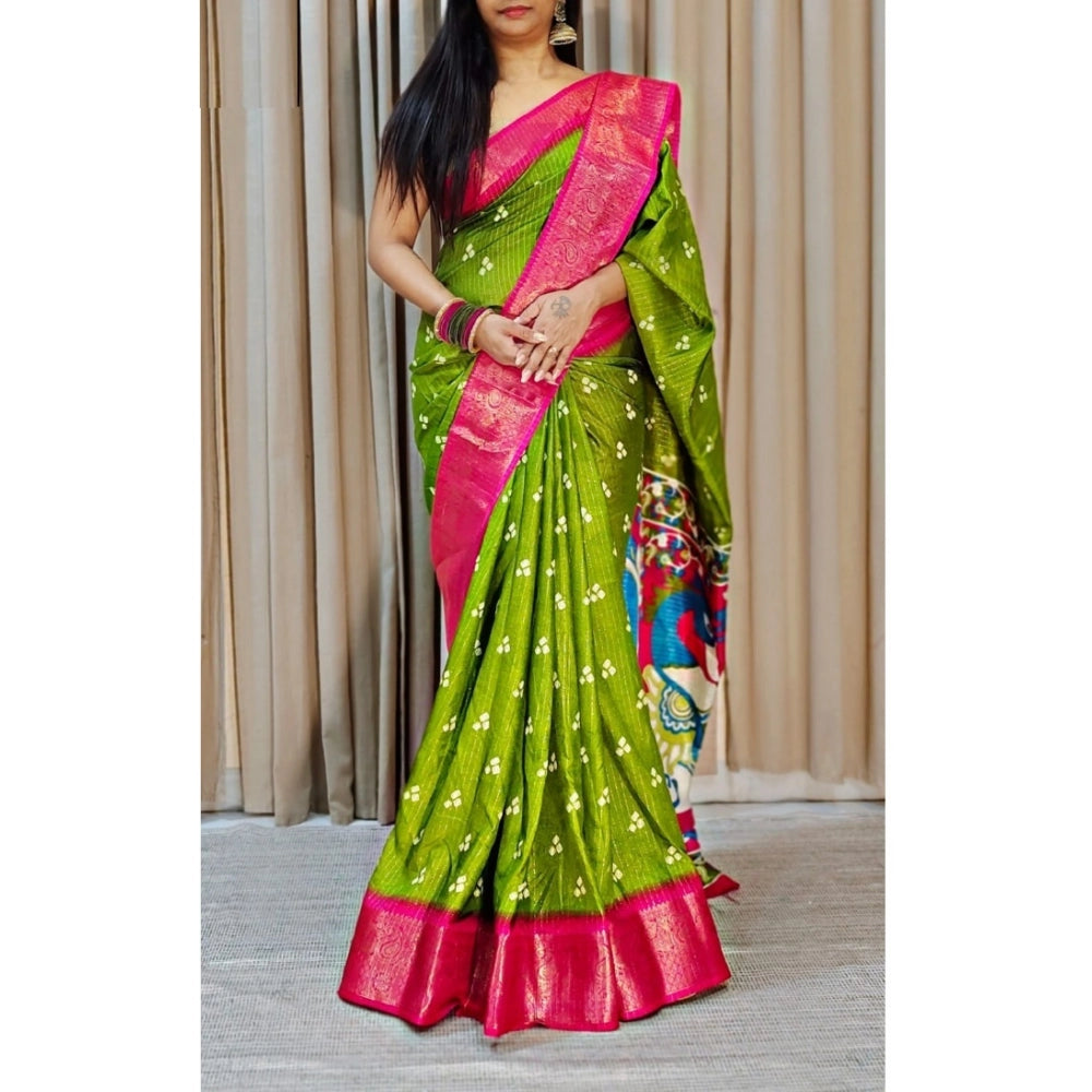 Generic Women's Soft Dola Cotton Kalamkari Printed Saree With Unstitched Blouse 5.5Mtr (Green) Main image