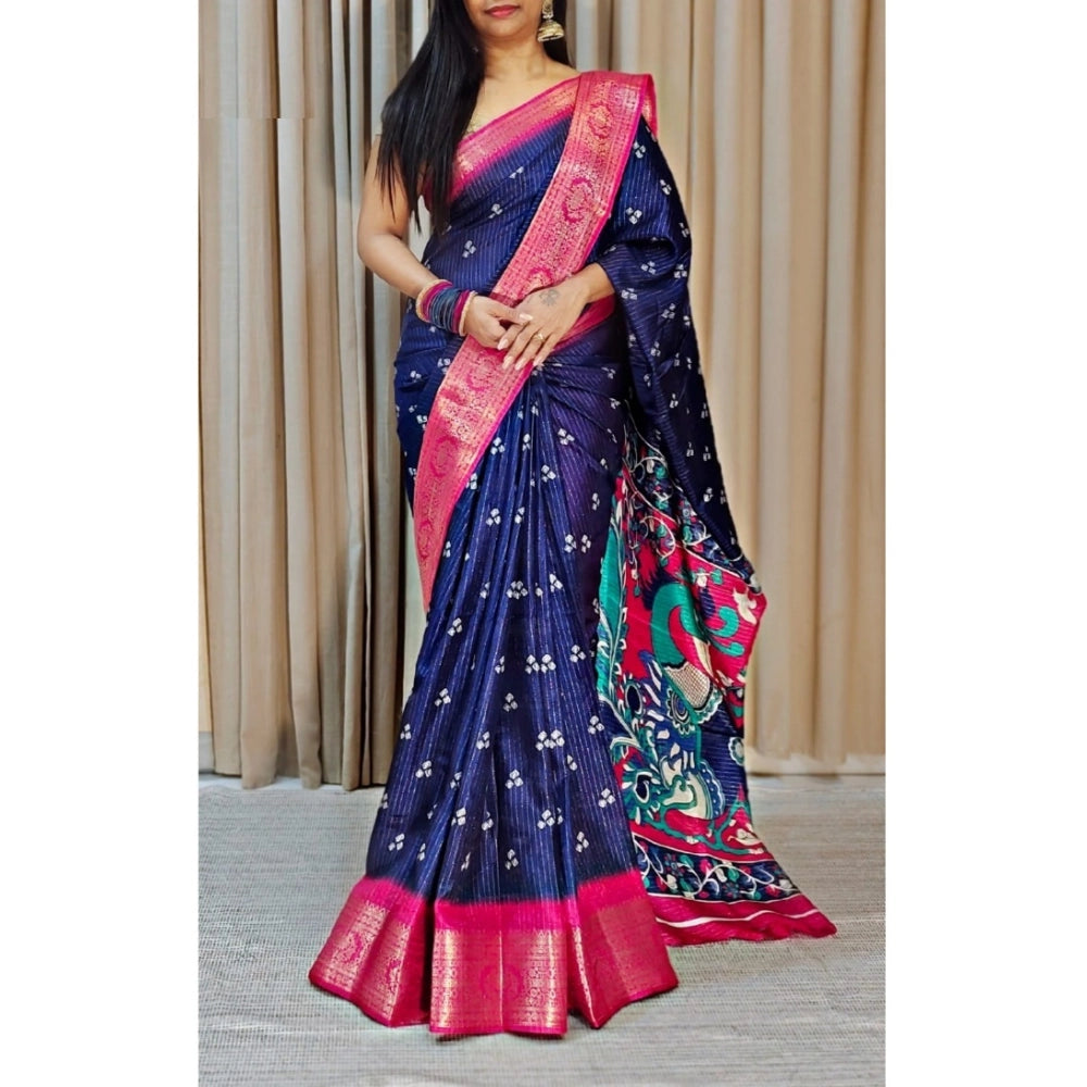 Generic Women's Soft Dola Cotton Kalamkari Printed Saree With Unstitched Blouse 5.5Mtr (Navy Blue) Main image