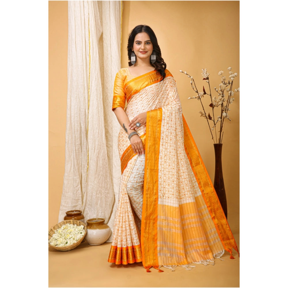 Generic Women's Soft Cotton Silk Printed Saree With Unstitched Blouse 5.5Mtr (Yellow) Main image