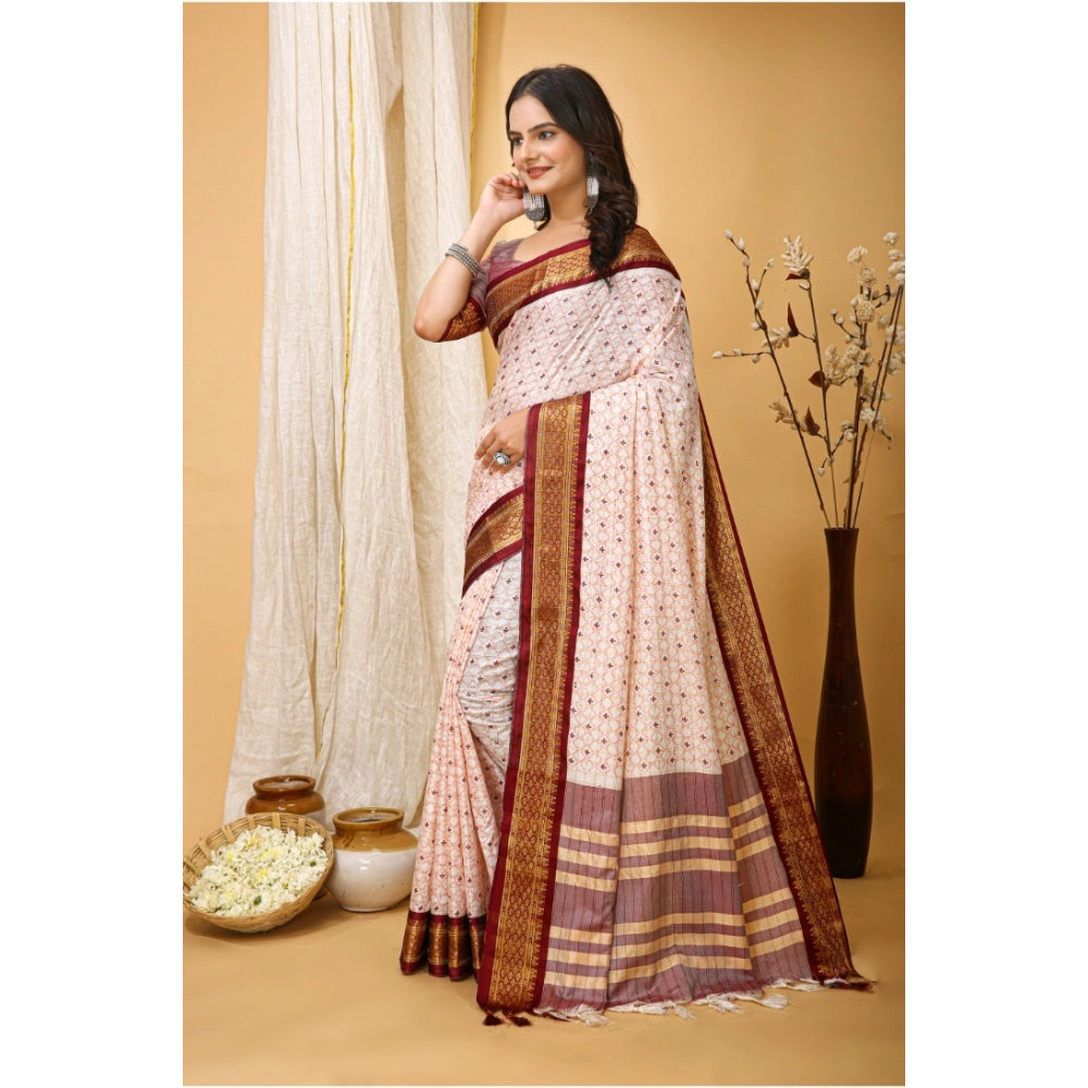 Generic Women's Soft Cotton Silk Printed Saree With Unstitched Blouse 5.5Mtr (Maroon) Secondary image