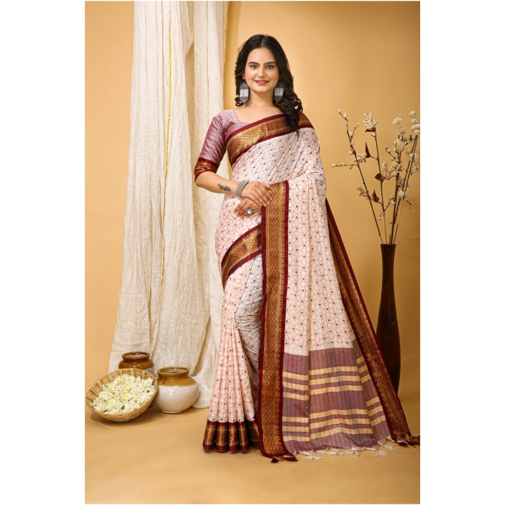 Generic Women's Soft Cotton Silk Printed Saree With Unstitched Blouse 5.5Mtr (Maroon) Main image