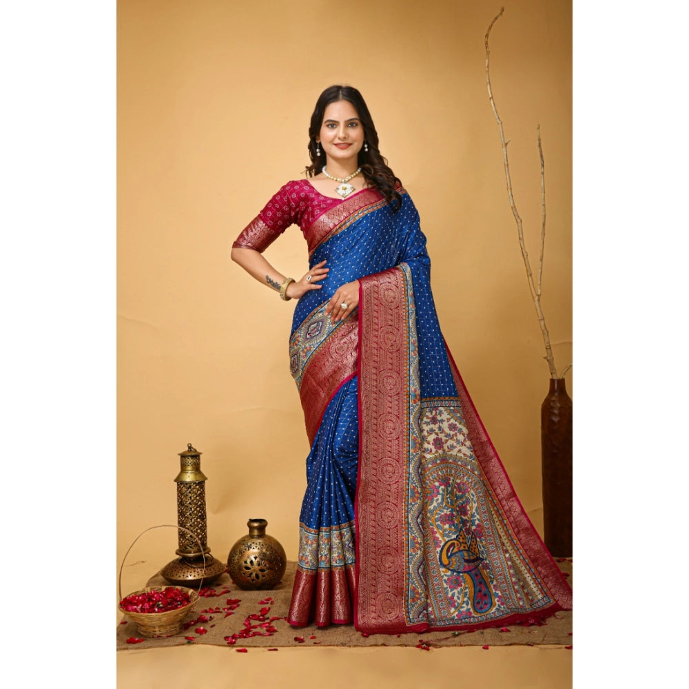 Generic Women's Soft Dola Cotton Kalamkari Printed Saree With Unstitched Blouse 5.5Mtr (Blue) Main image
