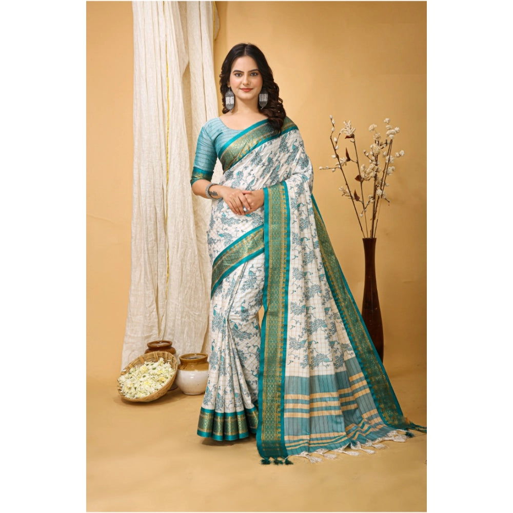 Generic Women's Soft Cotton Silk Printed Saree With Unstitched Blouse 5.5Mtr (Turquoise) Main image