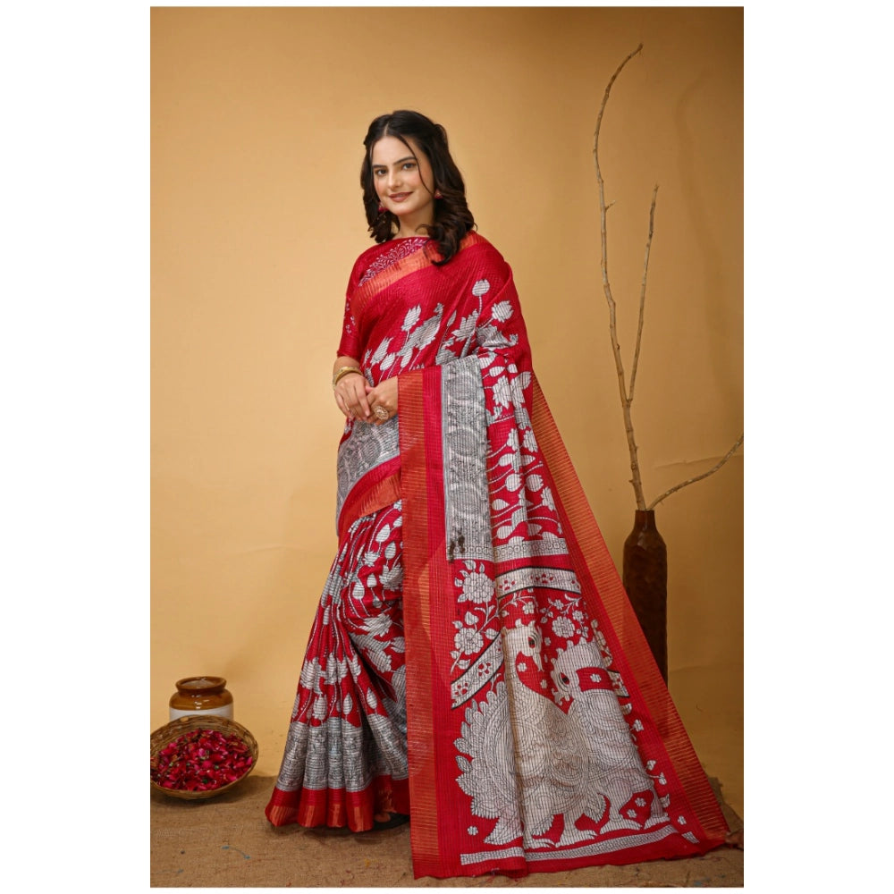 Generic Women's Soft Handloom Cotton Kalamkari Printed Saree With Unstitched Blouse 5.5Mtr (Pink) Secondary image