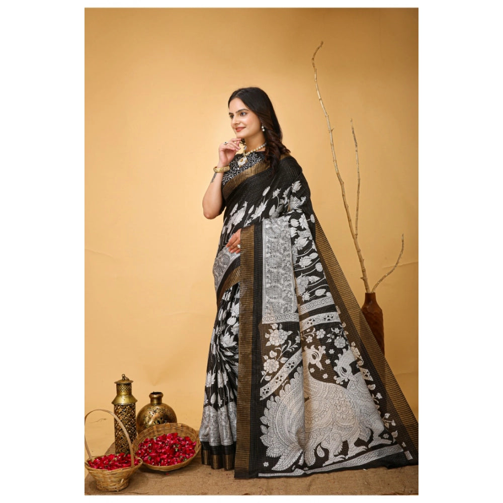 Generic Women's Soft Handloom Cotton Kalamkari Printed Saree With Unstitched Blouse 5.5Mtr (Black) Secondary image