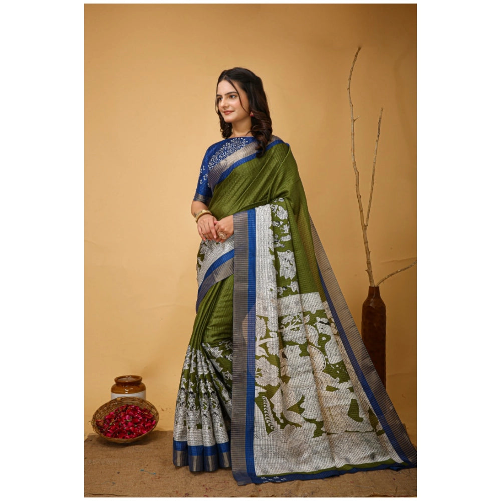 Generic Women's Soft Handloom Cotton Kalamkari Printed Saree With Unstitched Blouse 5.5Mtr (Mehendi) Secondary image
