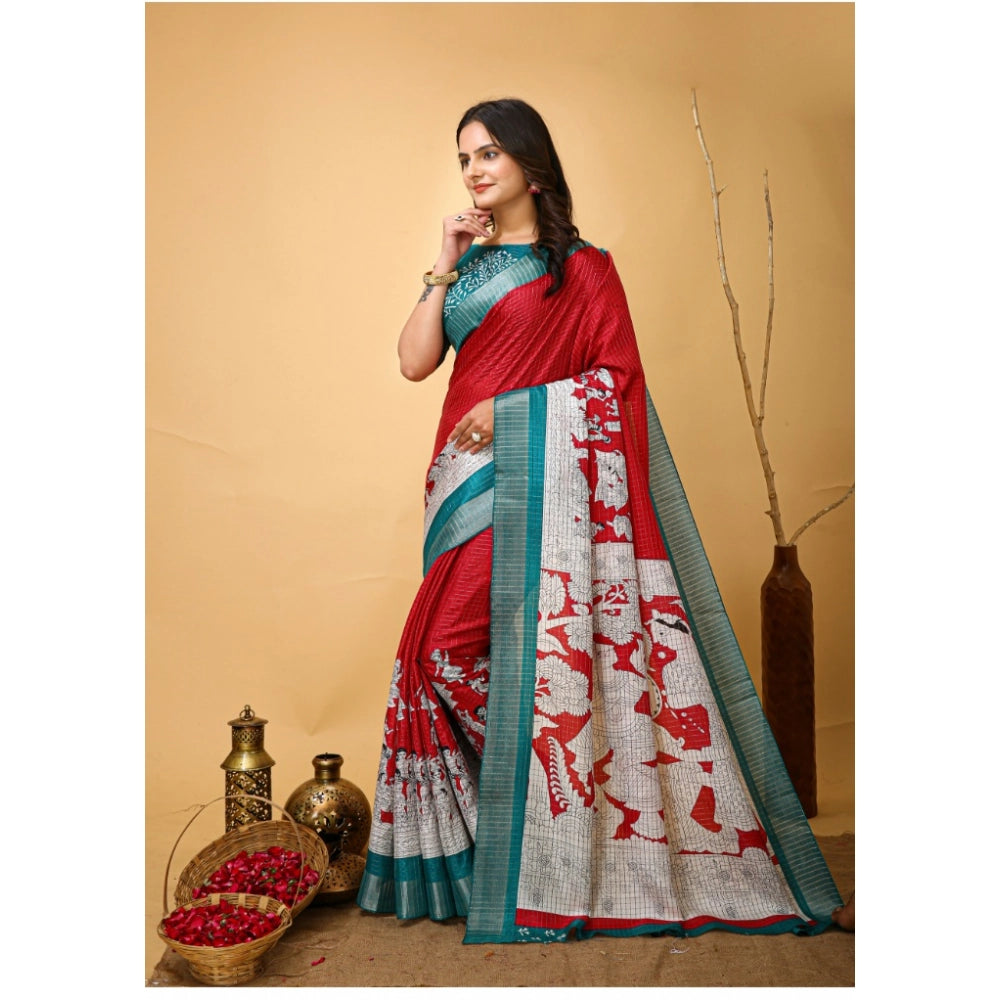 Generic Women's Soft Handloom Cotton Kalamkari Printed Saree With Unstitched Blouse 5.5Mtr (Red) Secondary image