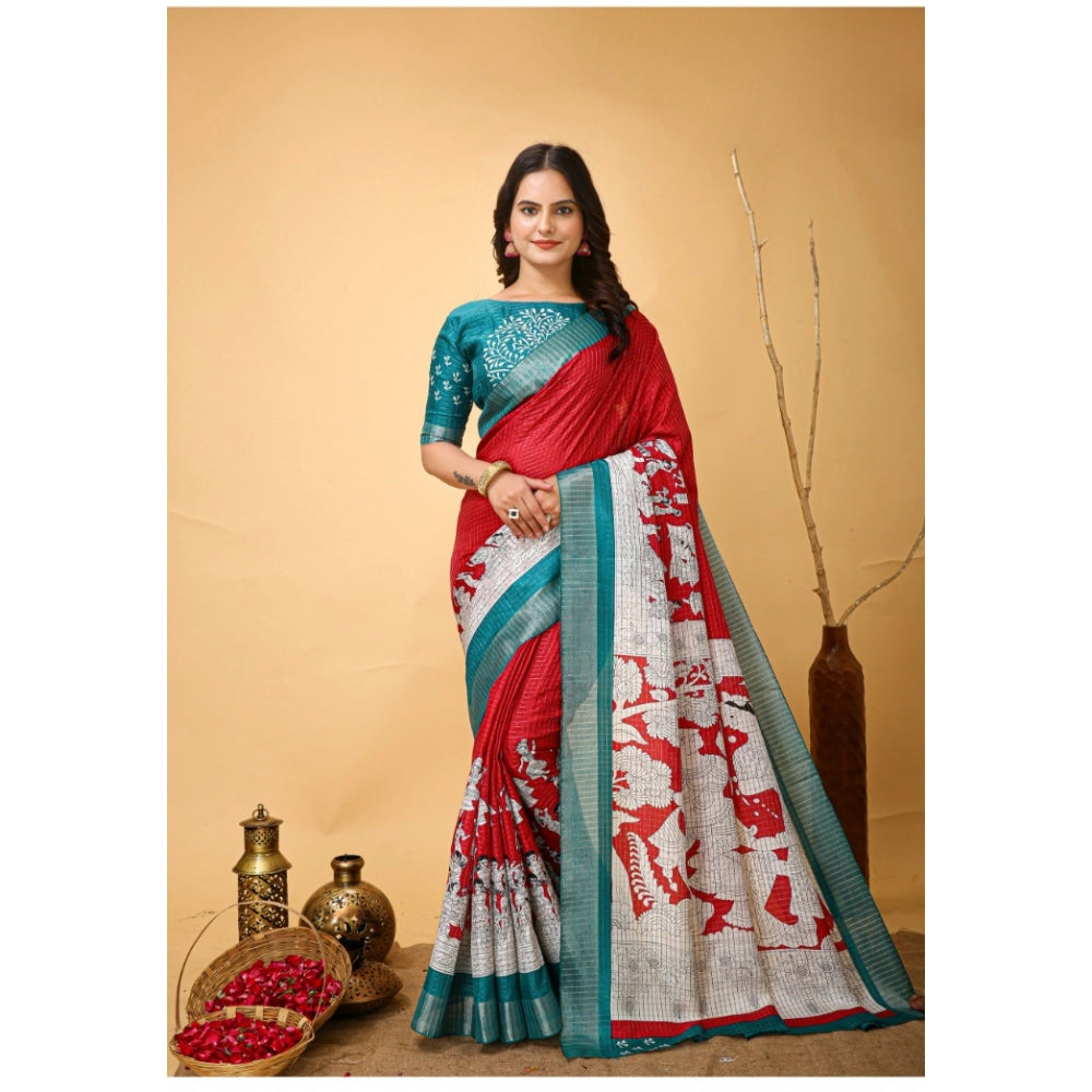 Generic Women's Soft Handloom Cotton Kalamkari Printed Saree With Unstitched Blouse 5.5Mtr (Red) Main image