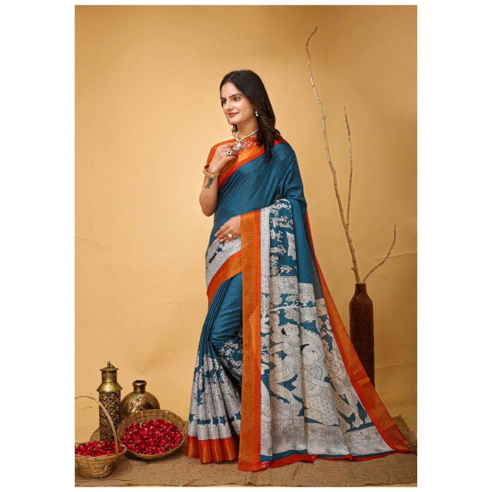 Generic Women's Soft Handloom Cotton Kalamkari Printed Saree With Unstitched Blouse 5.5Mtr (Teal Blue) Secondary image