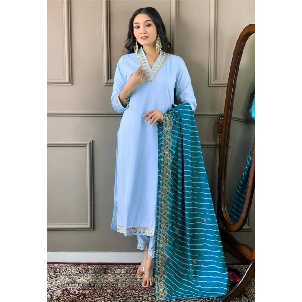 Generic Women's Roman Silk Embroidery 3-4th Sleeve V-Neck Kurti With Pant Dupatta Set (Rama) Main image