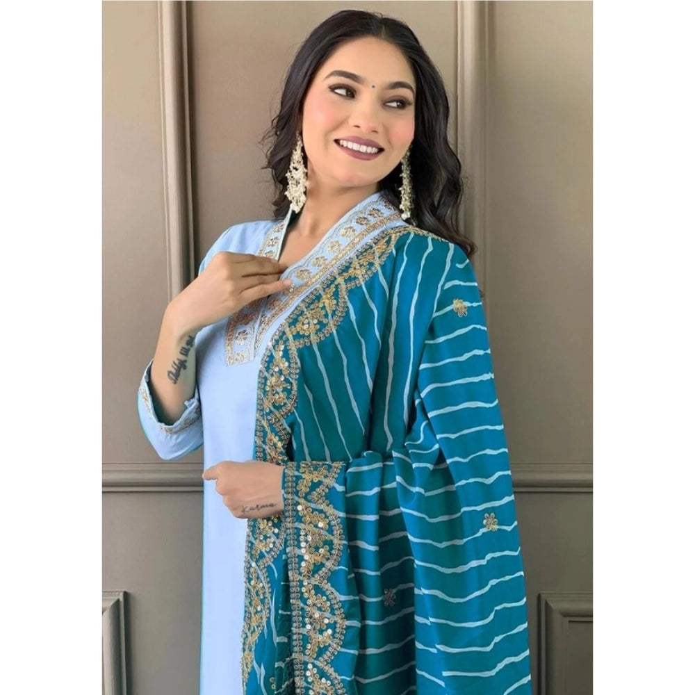 Generic Women's Roman Silk Embroidery 3-4th Sleeve V-Neck Kurti With Pant Dupatta Set (Rama) Secondary image