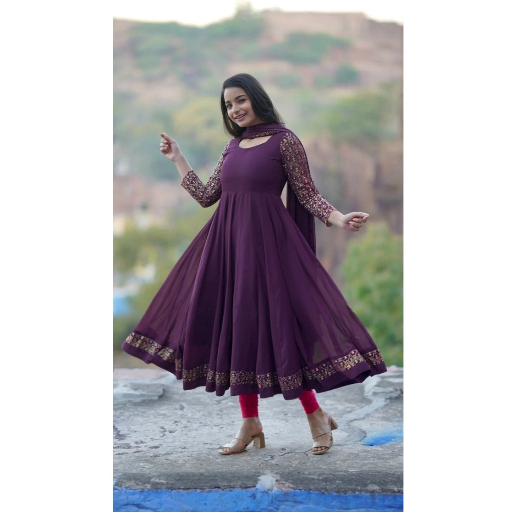 Generic Women's Georgette Embroidery 3-4th Sleeve Round Neck Kurti with Dupatta Set (Wine) Main image