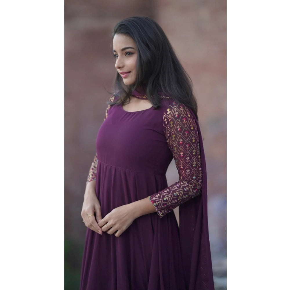 Generic Women's Georgette Embroidery 3-4th Sleeve Round Neck Kurti with Dupatta Set (Wine) Secondary image