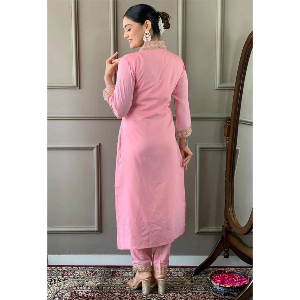 Generic Women's Roman Silk Embroidery 3-4th Sleeve V-Neck Kurti With Pant Dupatta Set (Pink) Secondary image