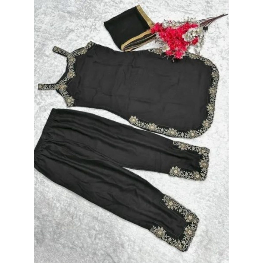 Generic Women's Georgette Embroidery Sleeveless Round Neck Kurti, Palazzo And Dupatta Set (Black) Secondary image