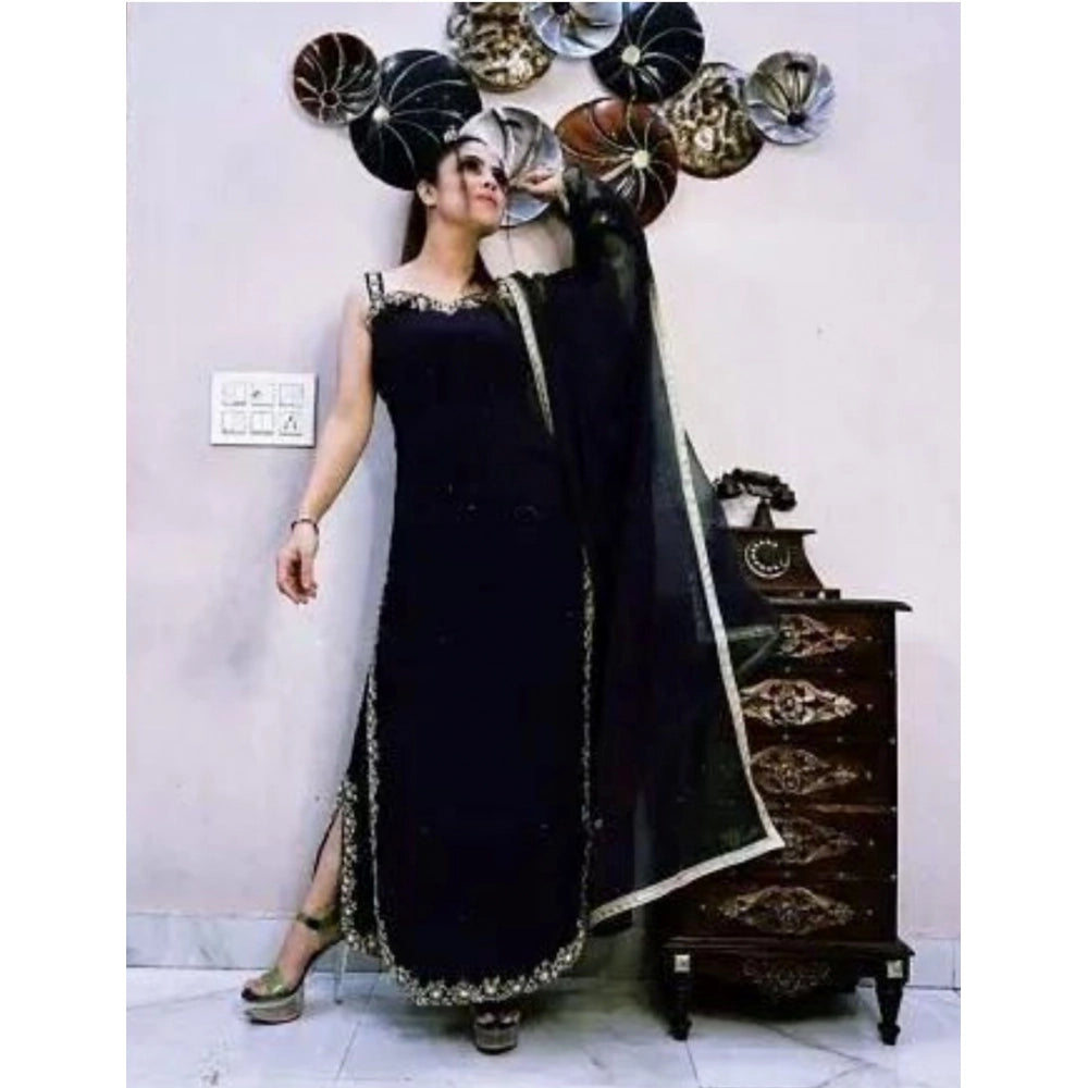 Generic Women's Georgette Embroidery Sleeveless Round Neck Kurti, Palazzo And Dupatta Set (Black) Main image