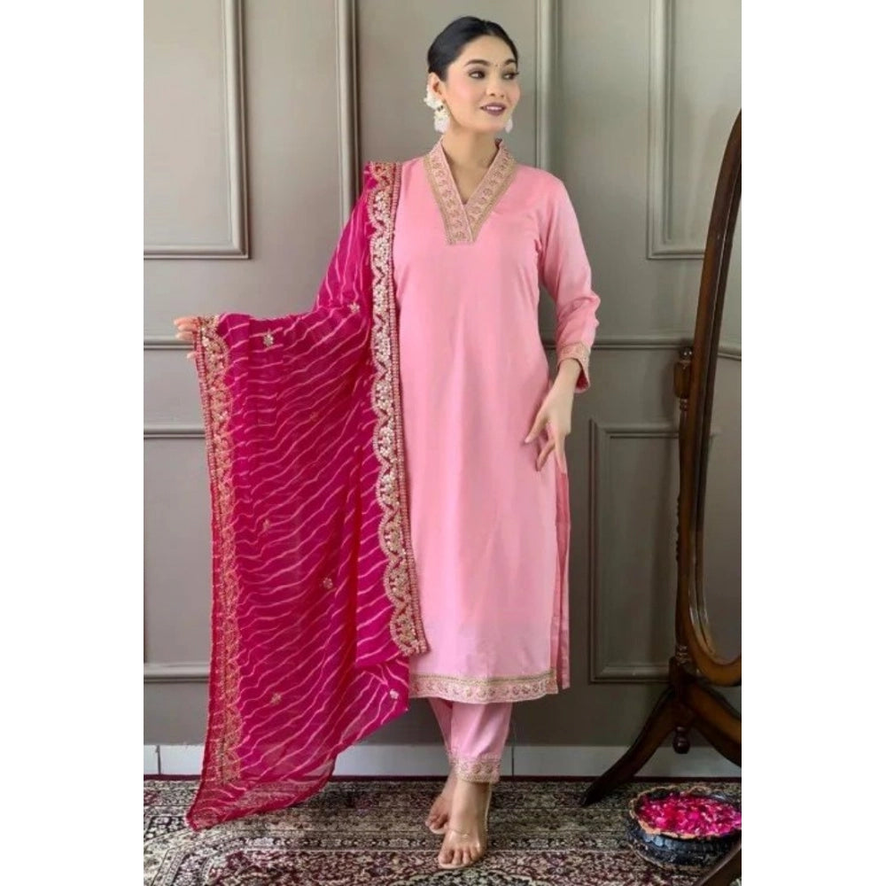Generic Women's Roman Silk Embroidery 3-4th Sleeve V-Neck Kurti With Pant Dupatta Set (Pink) Main image