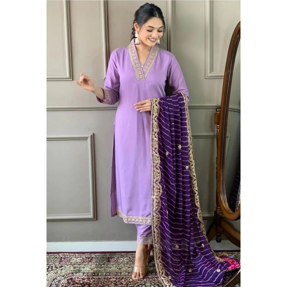 Generic Women's Roman Silk Embroidery 3-4th Sleeve V-Neck Kurti With Pant Dupatta Set (Lavender) Main image