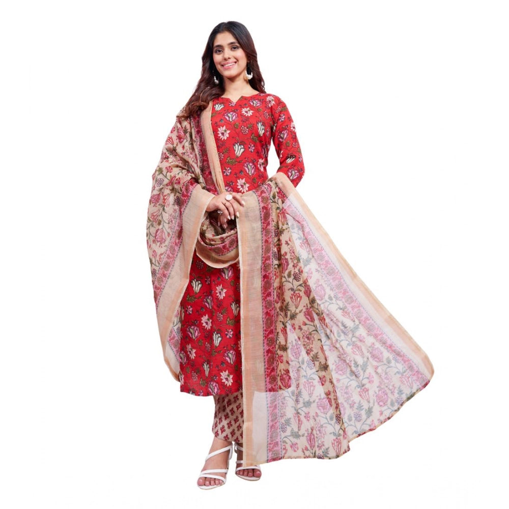 Generic Women's Cotton Blend Printed Kurti With Pant Dupatta Set (Red) Main image