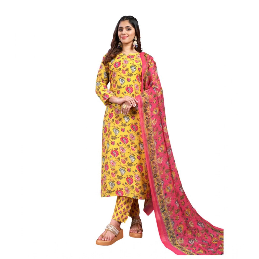 Generic Women's Cotton Blend Printed Kurti With Pant Dupatta Set (Yellow) Main image
