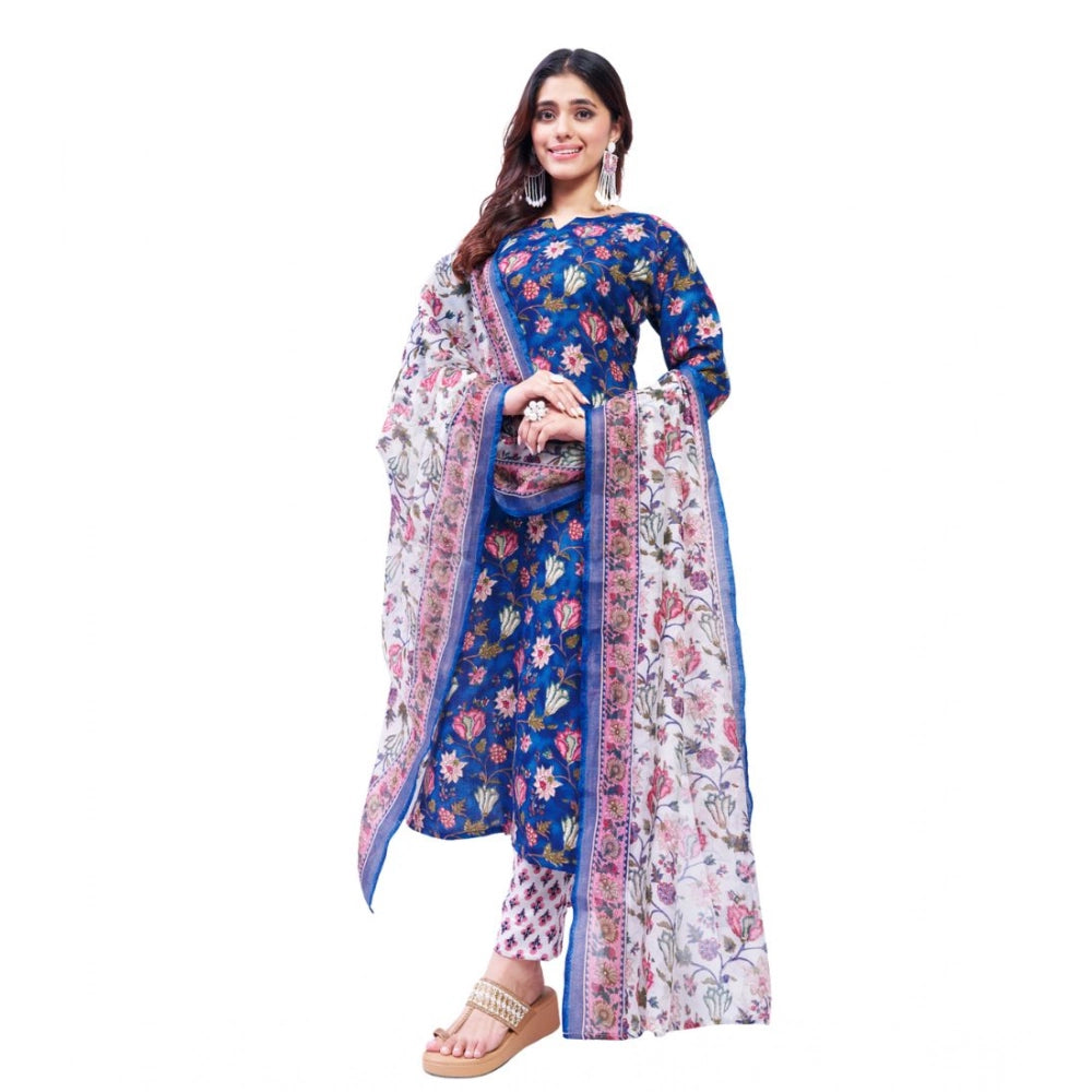 Generic Women's Cotton Blend Printed Kurti With Pant Dupatta Set (Blue) Main image