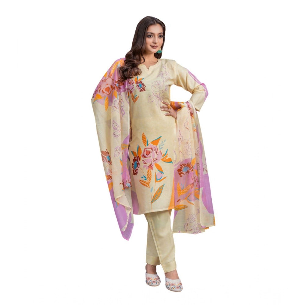 Generic Women's Cotton Blend Printed Kurti With Pant Dupatta Set (Cream) Main image
