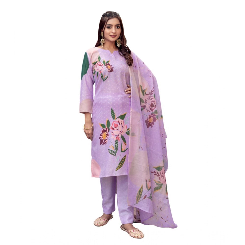 Generic Women's Cotton Blend Printed Kurti With Pant Dupatta Set (Lavender) Main image