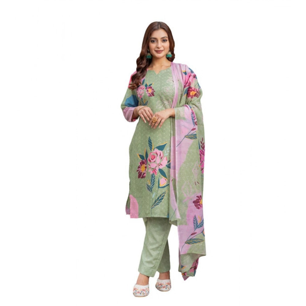 Generic Women's Cotton Blend Printed Kurti With Pant Dupatta Set (Mehendi) Main image