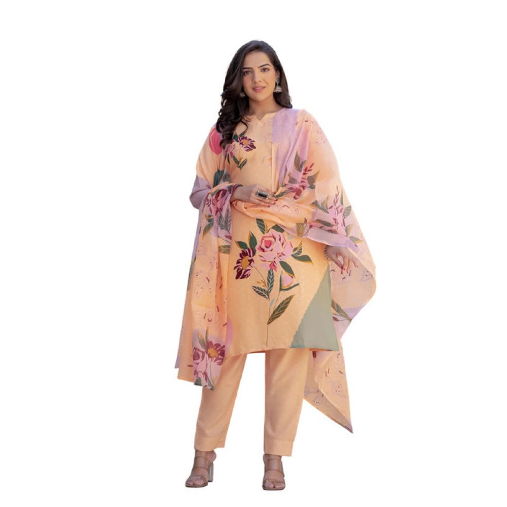 Generic Women's Cotton Blend Printed Kurti With Pant Dupatta Set (Orange) Main image