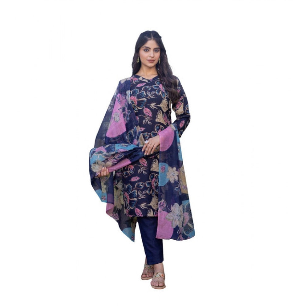Generic Women's Cotton Blend Printed Kurti With Pant Dupatta Set (NavyBlue) Main image