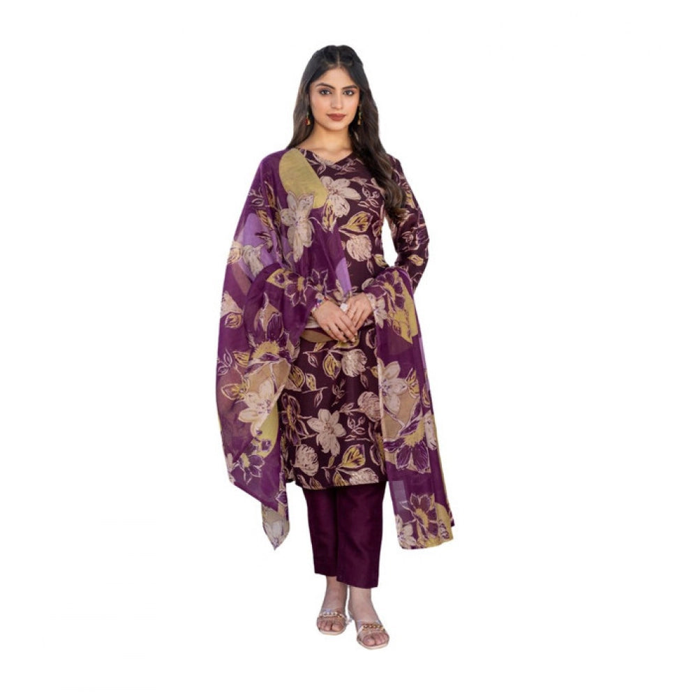 Generic Women's Cotton Blend Printed Kurti With Pant Dupatta Set (Purple) Main image