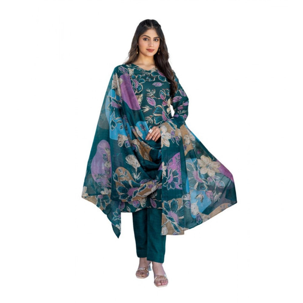 Generic Women's Cotton Blend Printed Kurti With Pant Dupatta Set (Rama) Main image