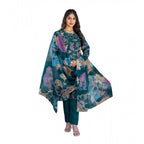 Generic Women's Cotton Blend Printed Kurti With Pant Dupatta Set (Rama)