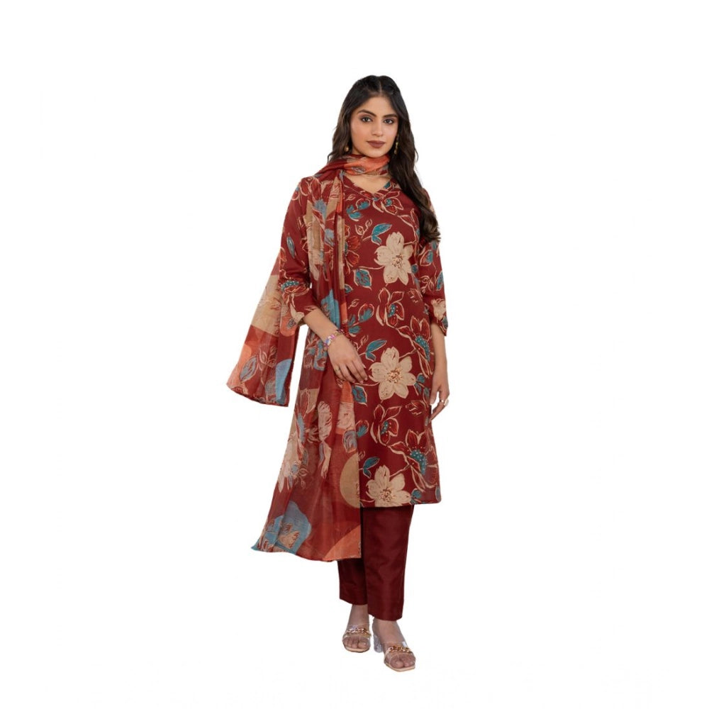 Generic Women's Cotton Blend Printed Kurti With Pant Dupatta Set (Rust) Main image