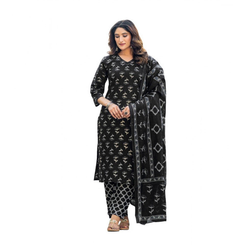 Generic Women's Cotton Blend Printed Kurti With Pant Dupatta Set (Black) Main image