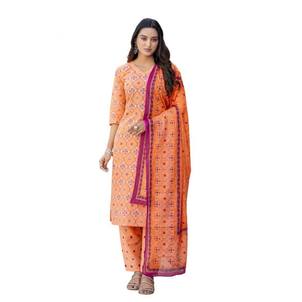 Generic Women's Cotton Blend Printed Kurti With Pant Dupatta Set (Coral) Main image
