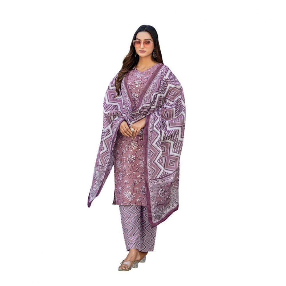 Generic Women's Cotton Blend Printed Kurti With Pant Dupatta Set (Lavender) Main image