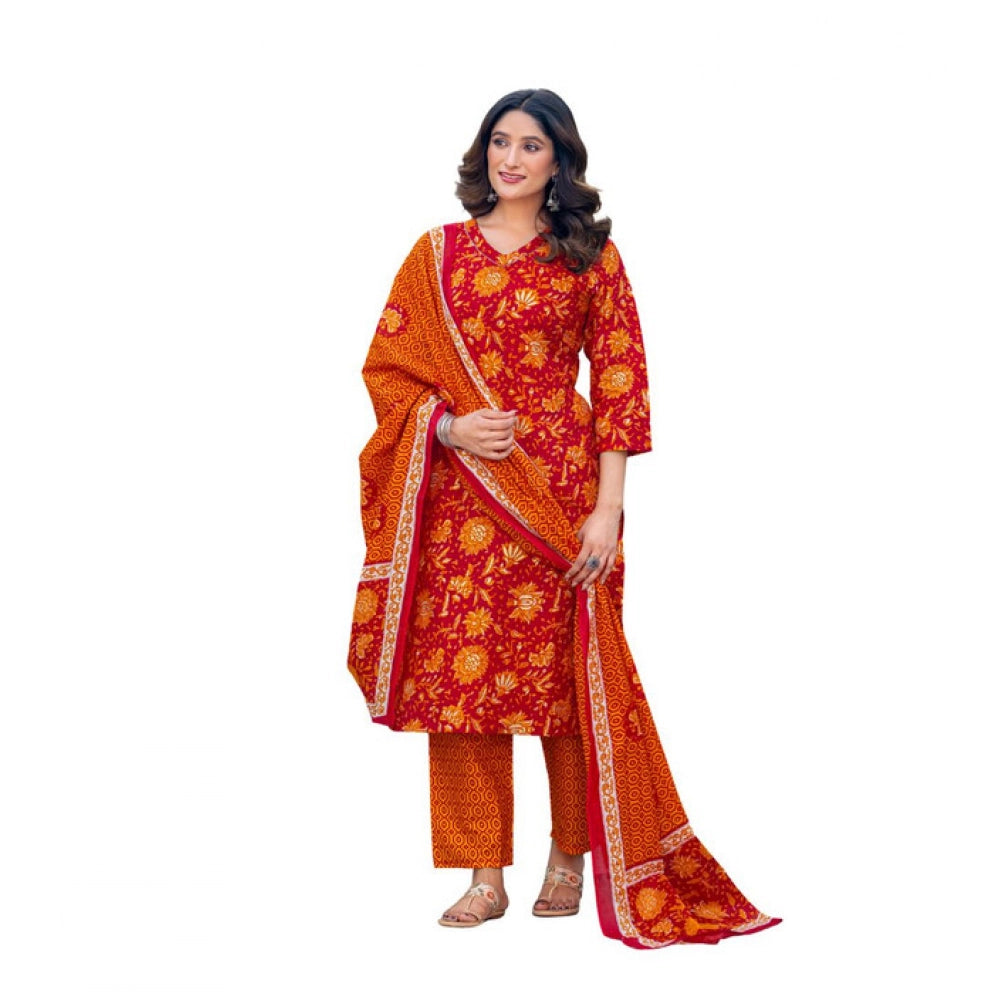 Generic Women's Cotton Blend Printed Kurti With Pant Dupatta Set (Maroon) Main image