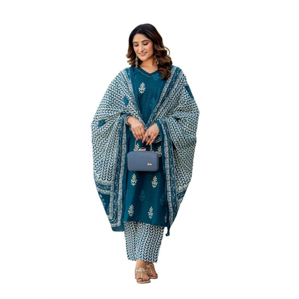 Generic Women's Cotton Blend Printed Kurti With Pant Dupatta Set (Morpichh) Main image