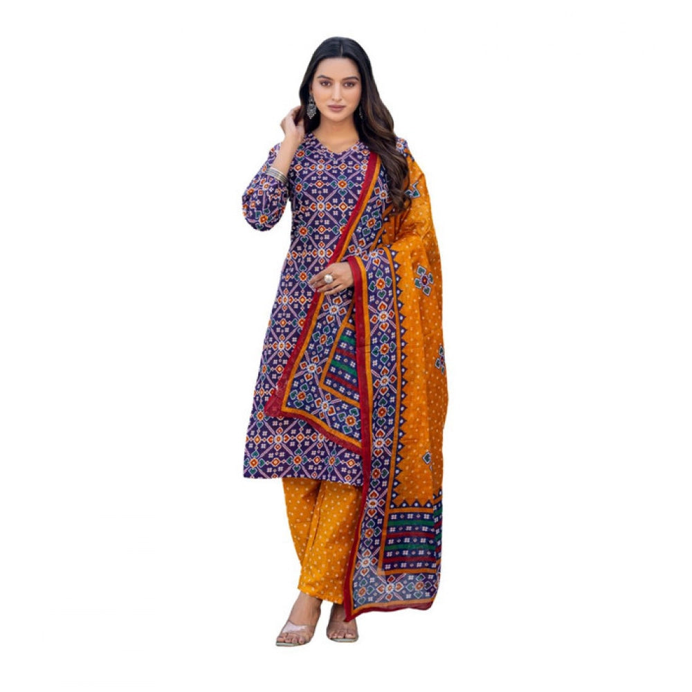 Generic Women's Cotton Blend Printed Kurti With Pant Dupatta Set (Navy Blue) Main image