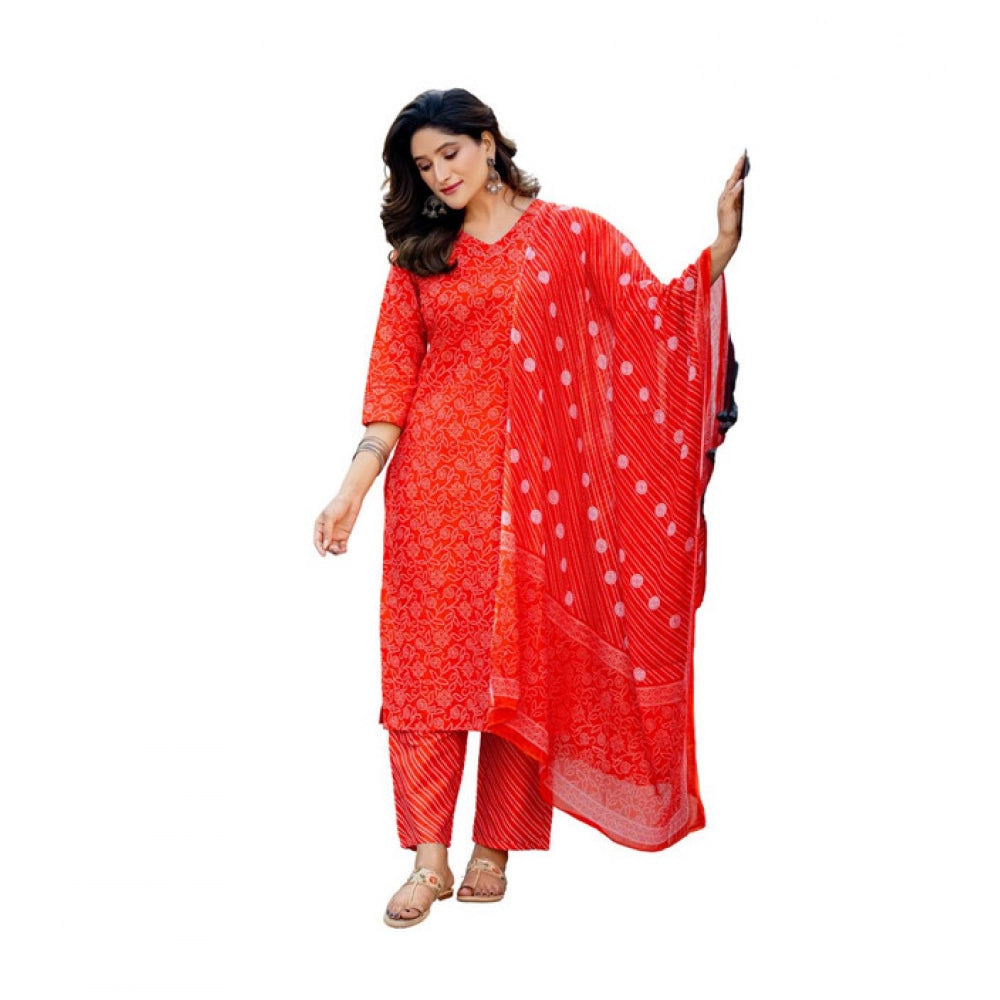 Generic Women's Cotton Blend Printed Kurti With Pant Dupatta Set (Orange) Main image