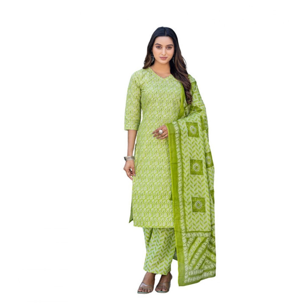 Generic Women's Cotton Blend Printed Kurti With Pant Dupatta Set (Parrot) Main image