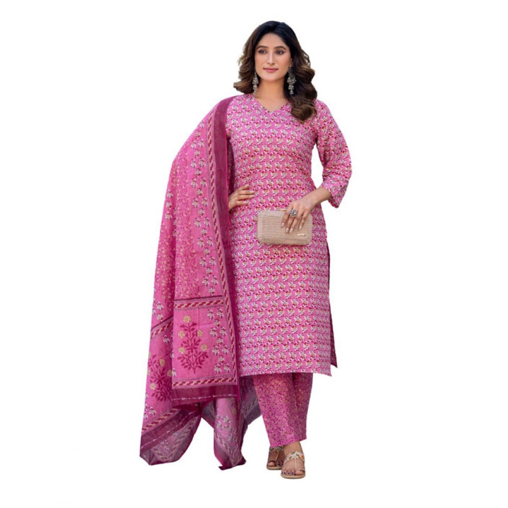 Generic Women's Cotton Blend Printed Kurti With Pant Dupatta Set (Pink) Main image