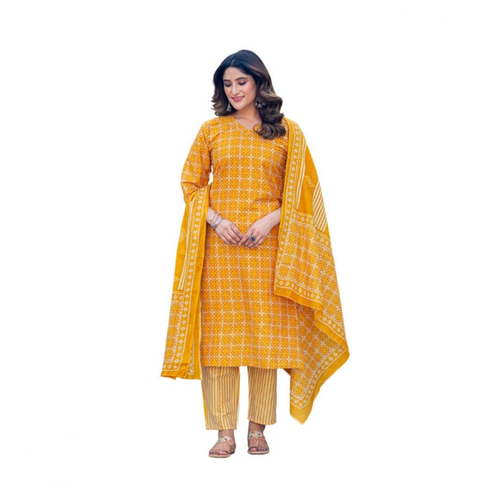 Generic Women's Cotton Blend Printed Kurti With Pant Dupatta Set (Yellow) Main image