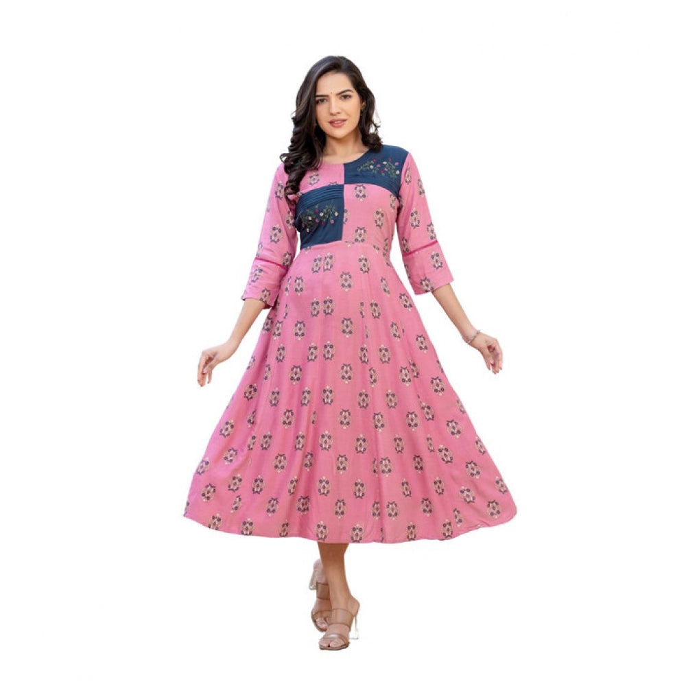 Generic Women's Rayon  Print With Embroidery Work A-Line Kurti (Wine) Main image