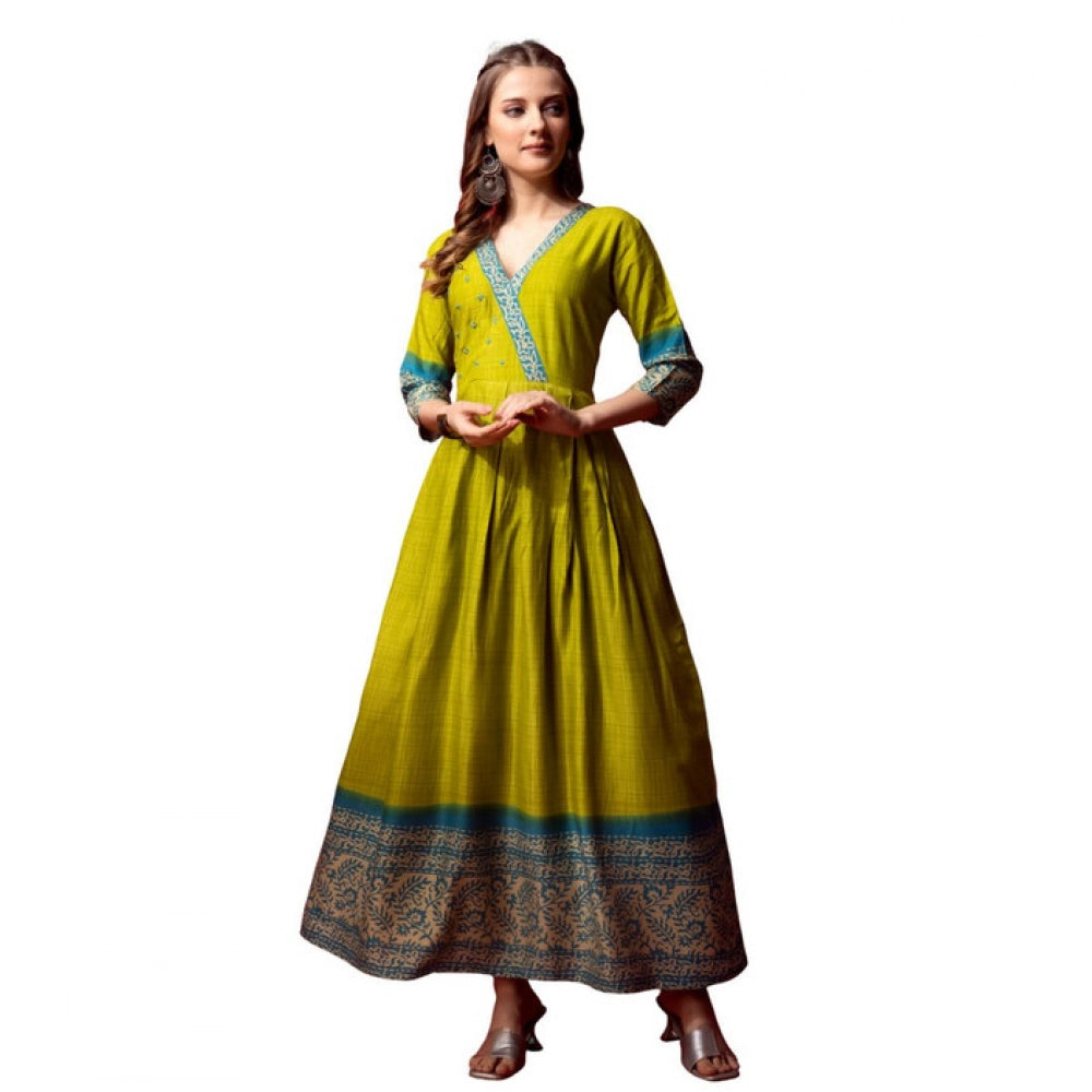 Generic Women's Cotton Blend Printed Anarkali Gown (Green) Main image